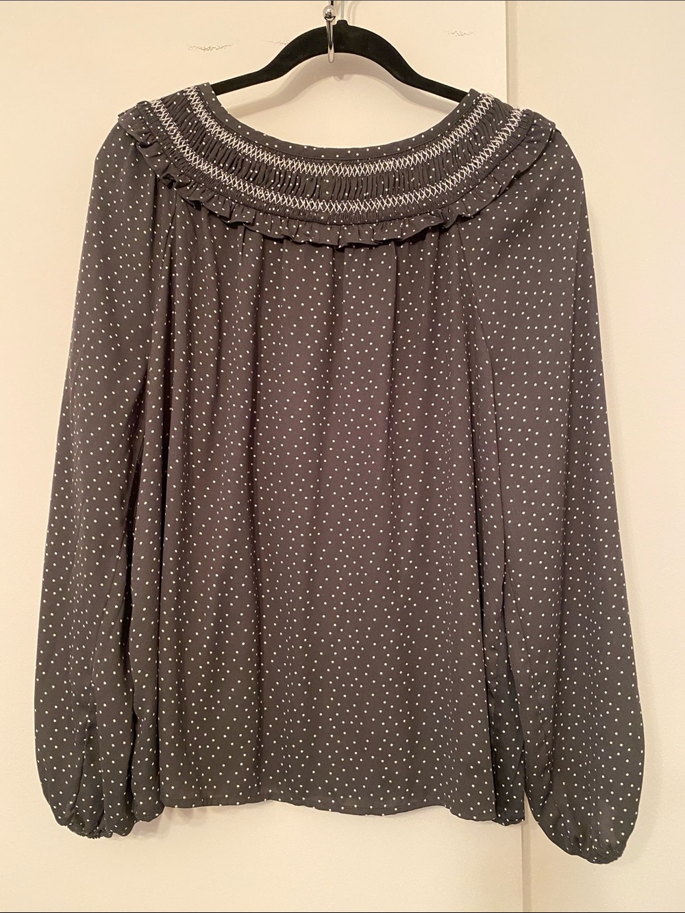 LOFT Gray Polka Dot Smocked Neck Long-Sleeve Blouse